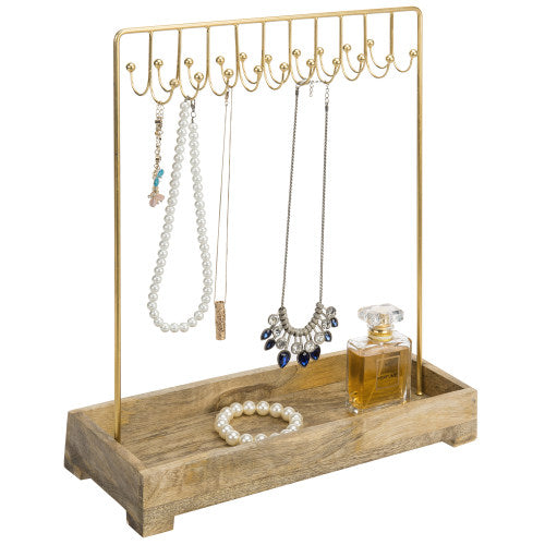 Modern Brass-Tone Metal Jewelry Rack w/ Natural Mango Wood Tray-MyGift