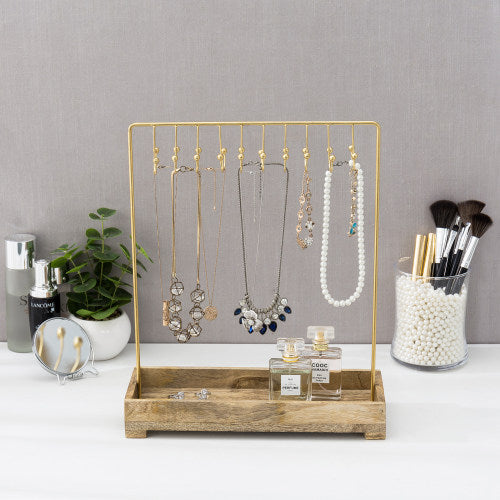 Modern Brass-Tone Metal Jewelry Rack w/ Natural Mango Wood Tray-MyGift