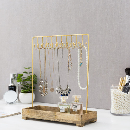 Modern Brass-Tone Metal Jewelry Rack w/ Natural Mango Wood Tray-MyGift