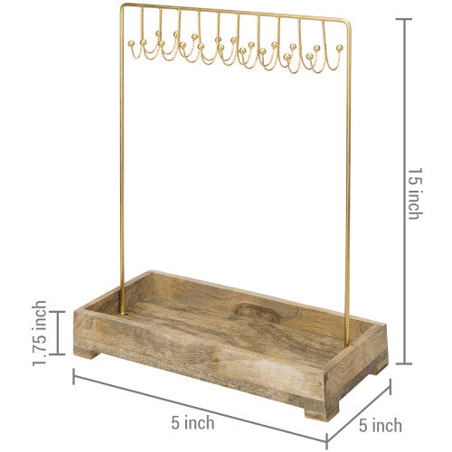 Modern Brass-Tone Metal Jewelry Rack w/ Natural Mango Wood Tray-MyGift