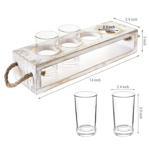 Whitewashed Wood Beer Tasting Flight Serving Caddy with Four 5 oz Sampler Glasses-MyGift