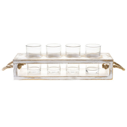 Whitewashed Wood Beer Tasting Flight Serving Caddy with Four 5 oz Sampler Glasses-MyGift