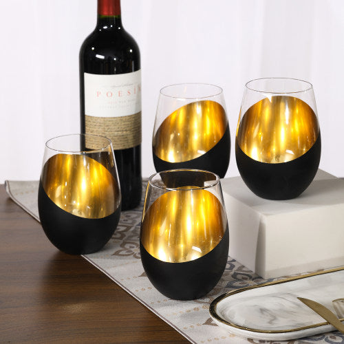 Matte Black & Gold Stemless Wine Glasses, Set of 6-MyGift