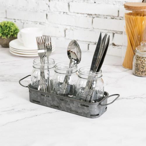 Galvanized Silver Metal Tray with 3 Glass Mason Jars – MyGift