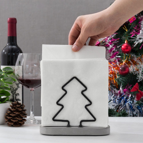 Metal Wire Napkin Holder w/ Gray Cement Base and Christmas Tree Design-MyGift