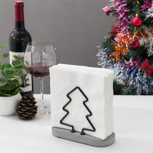 Metal Wire Napkin Holder w/ Gray Cement Base and Christmas Tree Design-MyGift