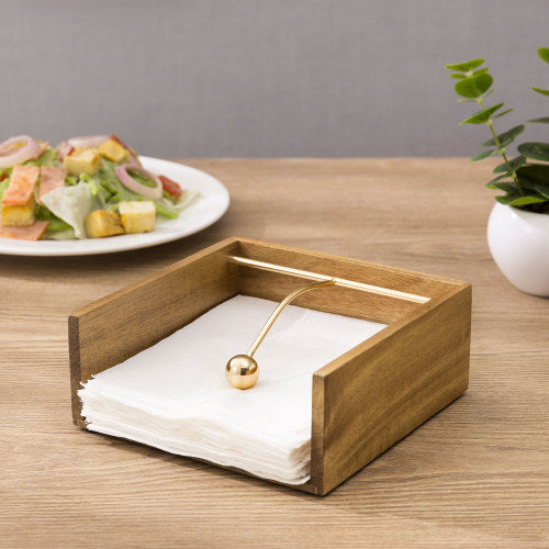 Premium Acacia Wood Napkin Holder w/ Brass Tone Weighted Arm-MyGift