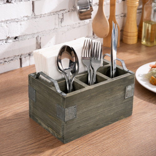 Vintage Reclaimed Style Gray Wood Utensil and Napkin Holder w/ Galvanized Metal Accents-MyGift