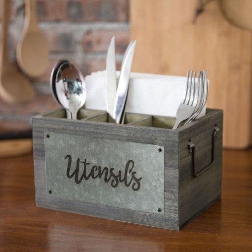 Dark Gray Wood and Galvanized Metal Utensil Holder-MyGift