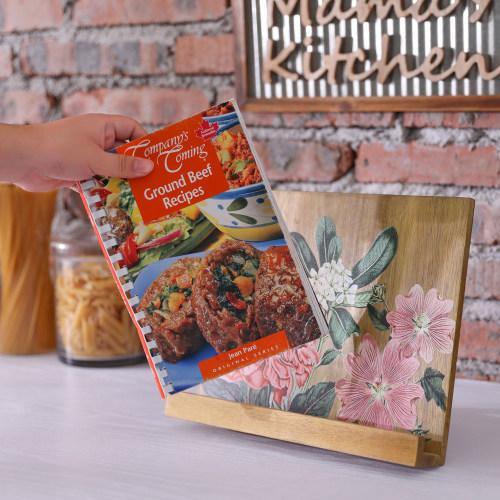 Premium Acacia Wood Cookbook Stand w/ Floral Print - MyGift