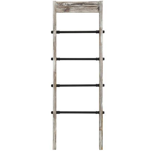 Rustic Torched Wood and Industrial Black Metal Pipe Ladder Rack - MyGift