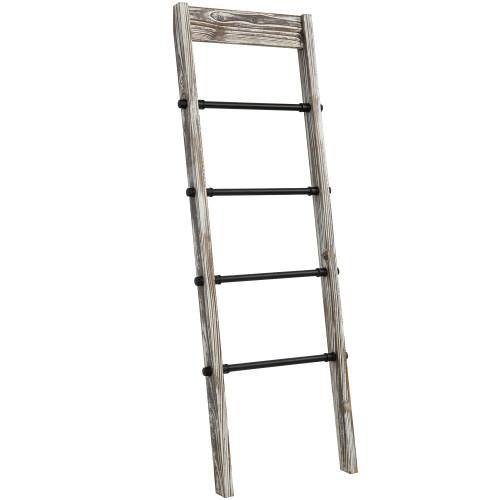 Rustic Torched Wood and Industrial Black Metal Pipe Ladder Rack - MyGift