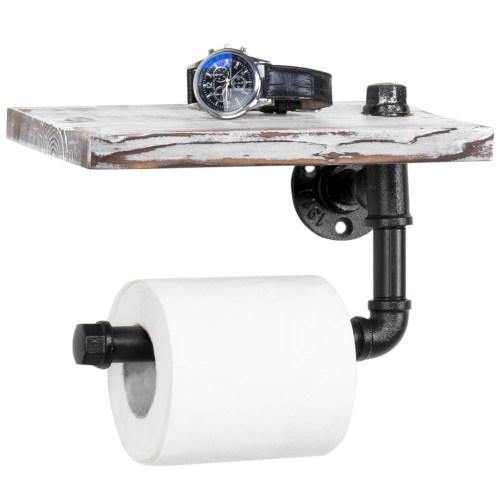 Industrial-Style Whitewashed Toilet Paper Holder with Shelf - MyGift