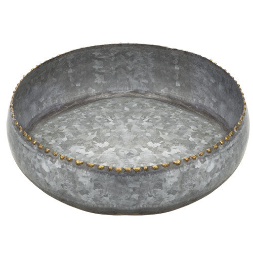 Galvanized Silver Metal Planter Bowl w/ Brass-Tone Pebbled Rim-MyGift