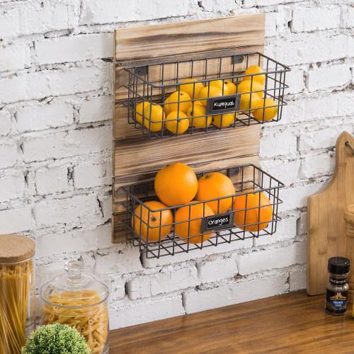 Rustic Wood & Metal Wire Wall-Mounted Basket Rack w/ Label Holders - MyGift