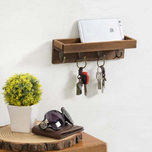 Short Dark Brown Wood Entryway Shelf w/ 4 Hooks-MyGift