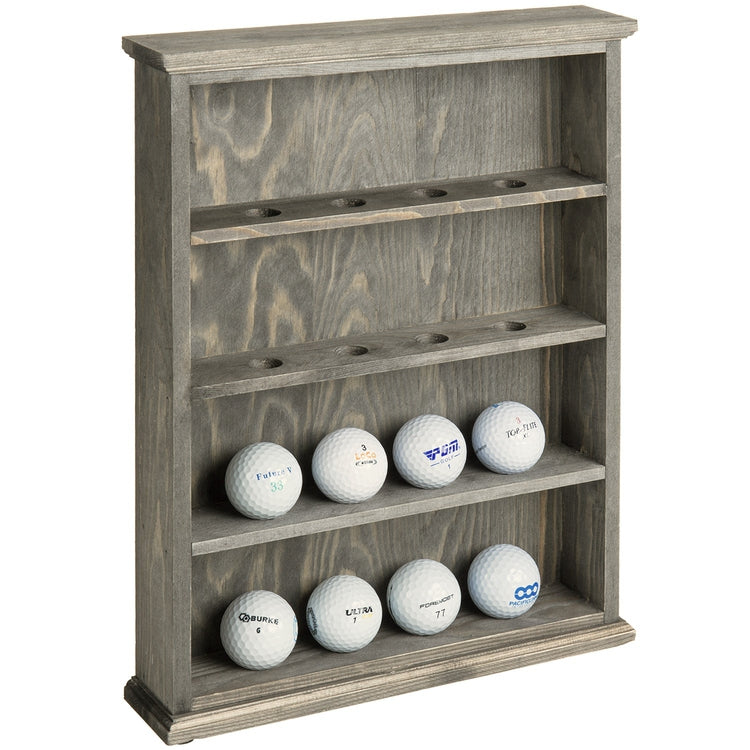 4-Tier Gray Wood Wall Mounted or Tabletop Golf Ball Display Case, Ball Holder Shelf Rack-MyGift