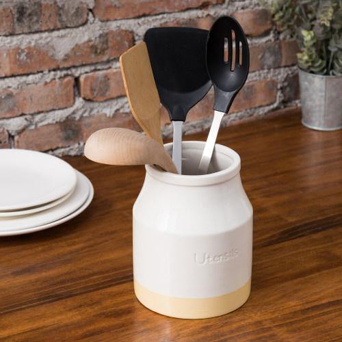 White Wood Utensils Crock w/ Curved Edges, Tabletop Kitchen