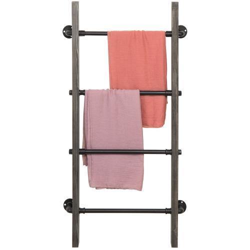 Gray Wood & Industrial Metal Pipe Wall Mounted Towel Ladder Rack - MyGift