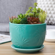 Aqua Blue Sunburst Ceramic Pot w/ Saucer-MyGift