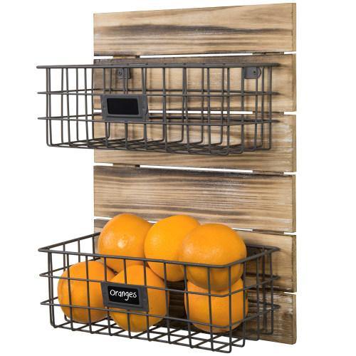 Rustic Wood & Metal Wire Wall-Mounted Basket Rack w/ Label Holders - MyGift