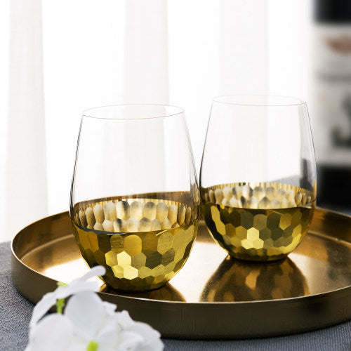 Brass-Tone Hammered Design Stemless Wine Glasses, Set of 4-MyGift