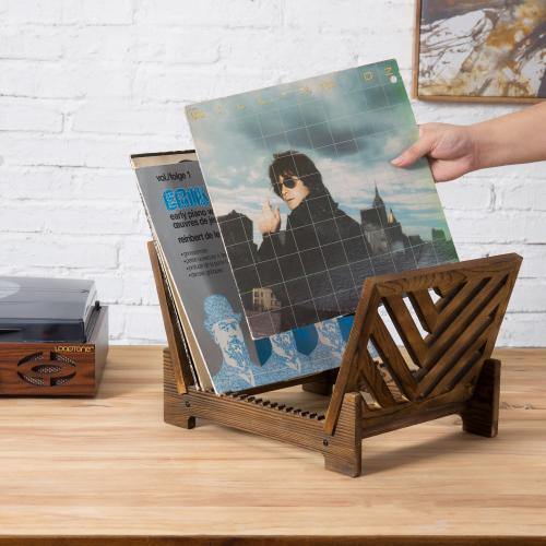 MyGift Burnt Solid Wood Record Holder, Rustic Vinyl Album Organizer Storage Crate