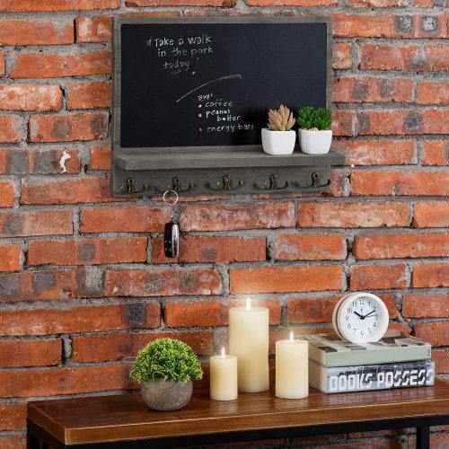 Gray Wood Chalkboard Wall Organizer w/ Hooks - MyGift