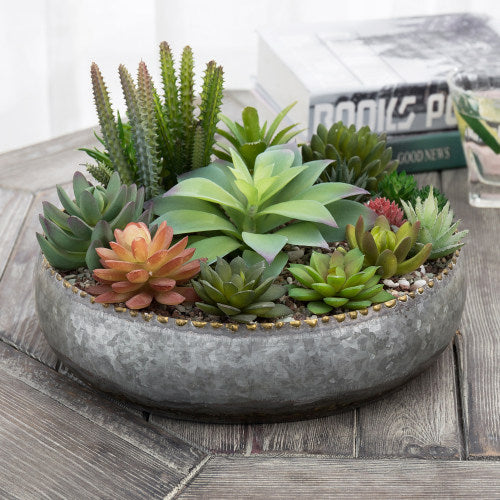 Galvanized Silver Metal Planter Bowl w/ Brass-Tone Pebbled Rim-MyGift