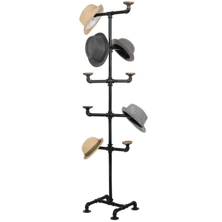 10-Hook Industrial Black Metal Pipe & Wood Hat Tree Stand-MyGift