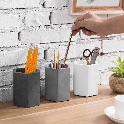 Hexagon Concrete Pencil Cup Set, Black, Gray & White-MyGift