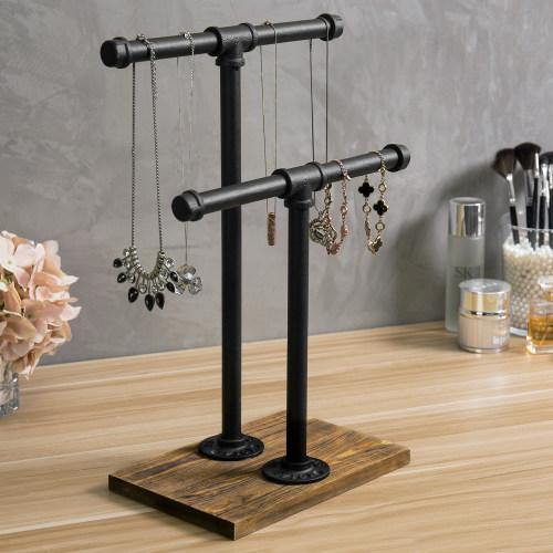 Industrial Pipe & Brown Wood T-Bar Necklace Jewelry Stand - MyGift