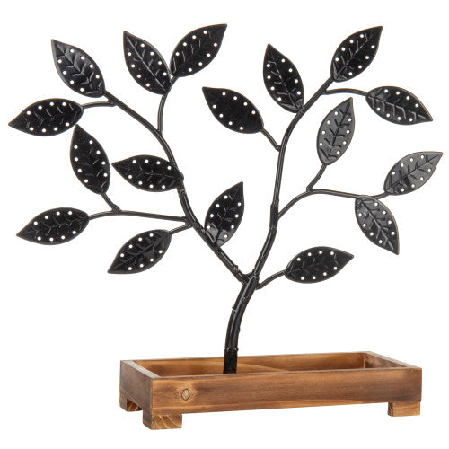 Black Metal Jewelry Tree with Wooden Trinket Tray-MyGift