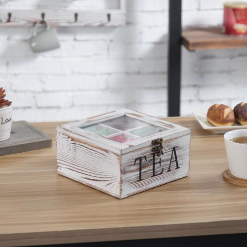 Whitewashed Wood Tea Box with Clear Lid-MyGift