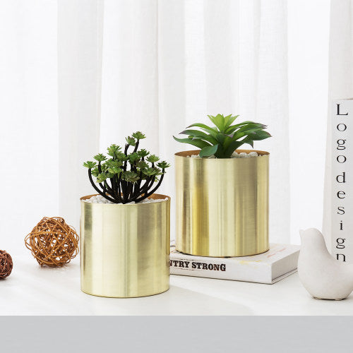 Cylindrical Brushed Brass-Tone Metal Vases, Set of 2-MyGift