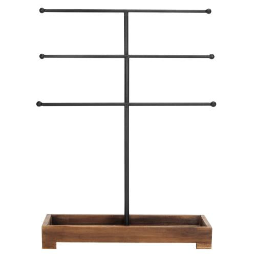 Black Metal Jewelry Stand w/ Brown Wood Ring Tray-MyGift