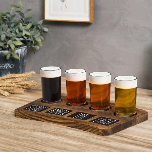 Dark Brown Wood Beer Flight Tray with Chalkboard Labels - MyGift