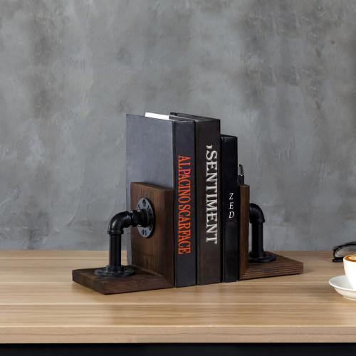 Dark Brown Pipe & Wood Bookends, Set of 2 - MyGift