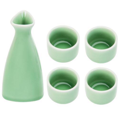 Japanese Style Jade-Color Ceramic Sake Set with Carafe and 4 Cups - MyGift