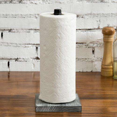 Paper Towel Roll Holder with Rustic Gray Wood Base and Industrial Pipe Design - MyGift