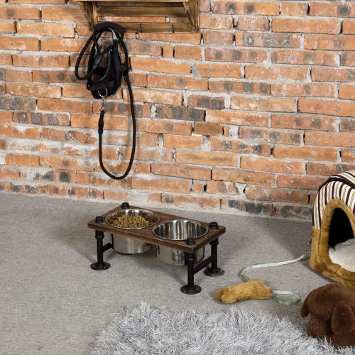 Torched Wood & Industrial Pipe Pet Feeder Stand w/ Bowls – MyGift