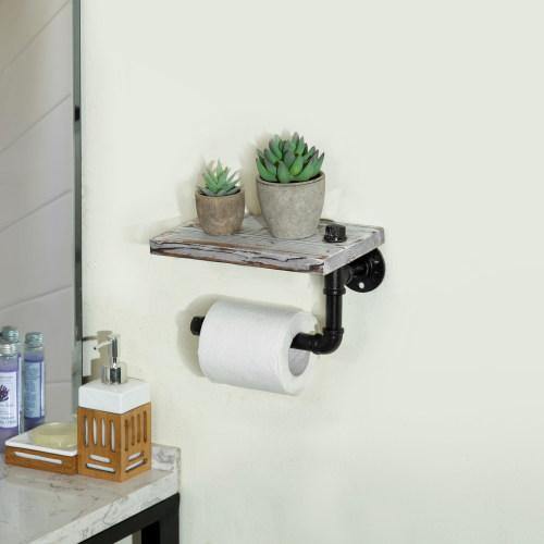 Industrial-Style Whitewashed Toilet Paper Holder with Shelf - MyGift