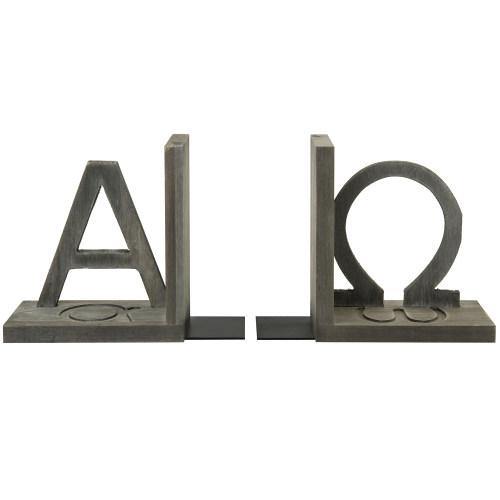 Gray Wood and Black Metal Alpha and Omega Bookends Set of 2