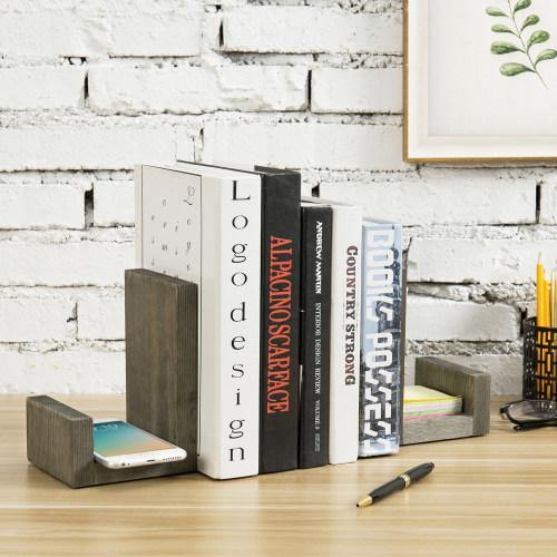 Gray Solid Wood Bookends with Brass Tone Metal Supports - MyGift