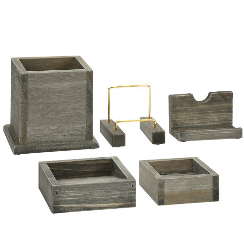 5-Piece Rustic Gray Wood & Brass Metal Office Accessory Set-MyGift