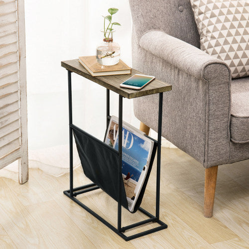 Torched Wood & Black Metal End Table with Magazine Holder Sling-MyGift