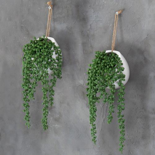 Artificial Succulents Hanging Plants, Fake String of Pearls Plants in White Ceramic, Set of 2, Size: 3.9, Beige