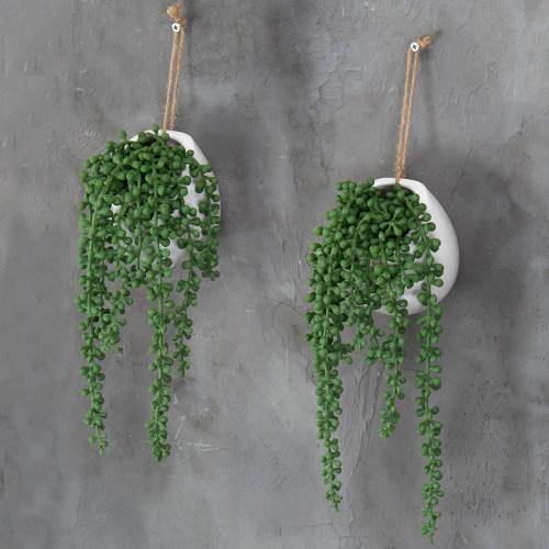 Artificial String of Pearls Plants in White Ceramic Wall-Hanging Planters, Set of 2 - MyGift