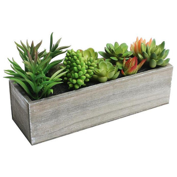 MyGift DIY Decorative Artificial Succulents, Pinecones, Acorns, and Moss with Solid Brown Wood Planter Box with Black Metal Mesh Sides and Brass