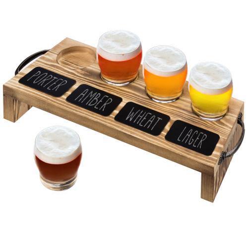 Beer Tasting Flight Set with Burnt Wood Serving Caddy & Chalkboard Labels - MyGift